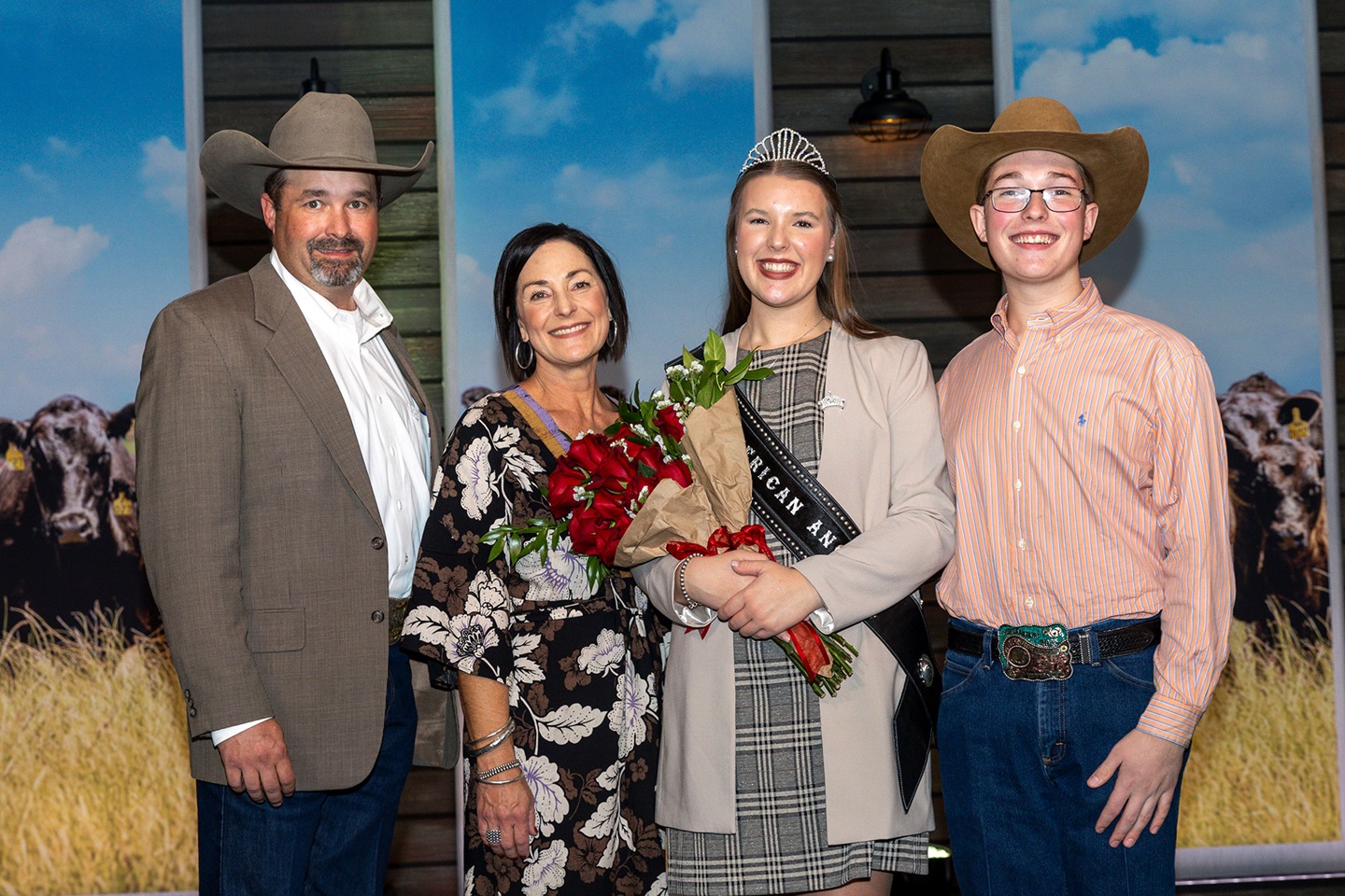 The Murnin family stands alongside their daughter, Claire, after she has been crowned the 2026 Miss American Angus.