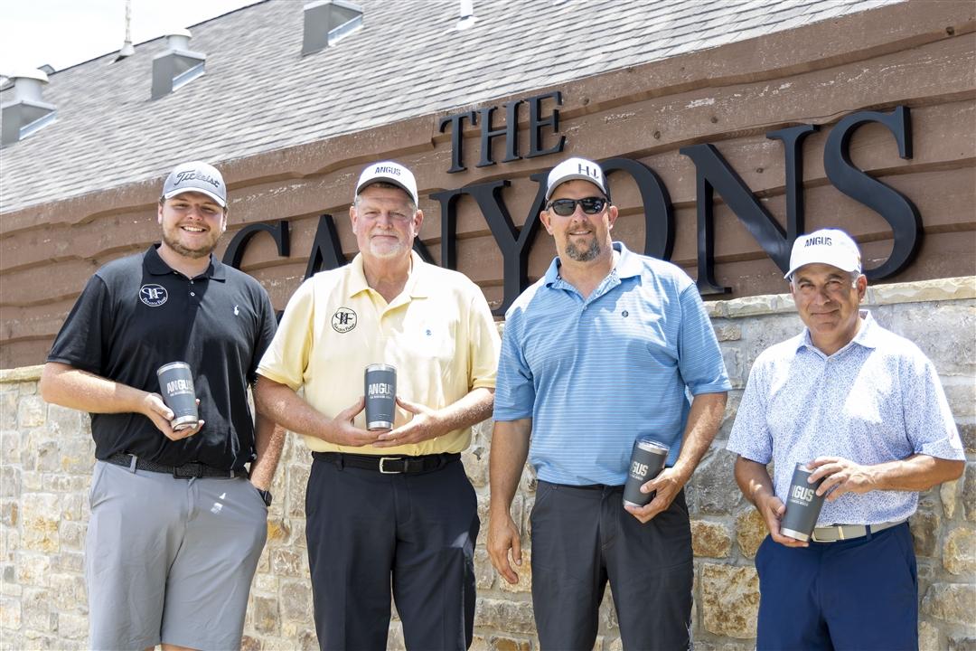 Flight B team winners of the annual Angus Foundation Golf Tournament at The Canyons at Blackjack Ridge in Sand Springs, Okla., include: (pictured from left to right) Nick Siemens of Bolivar, Mo.; Mike Siemens of Kansas City, Mo.; Trey Hinkson of Cottonwood Falls, Kan., and Jeff Mafi of Coyle, Okla.