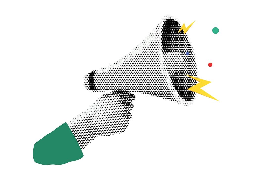 A hand in a green jacket holding a megaphone.