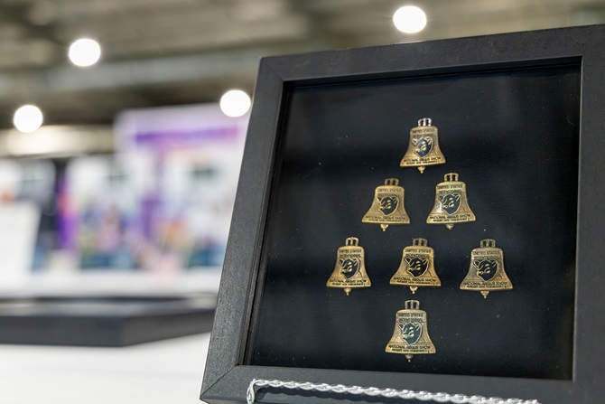 This framed set of six Angus engraved vintage pins were auctioned off at the Angus Foundation Silent Auction at the 2025 NJAS event.