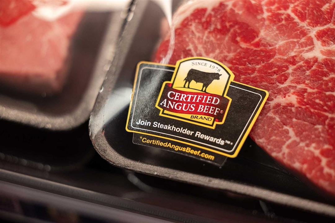 A vacuum sealed steak with the Certified Angus Beef logo on the corner of the package.