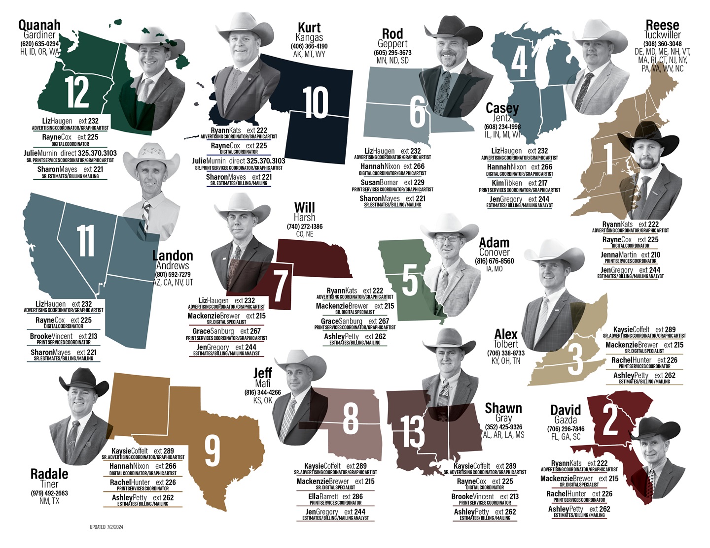 A map of Angus Media's regional managers and the states they oversee.