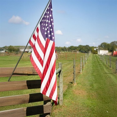 An American flag on a pasture fenceline.
