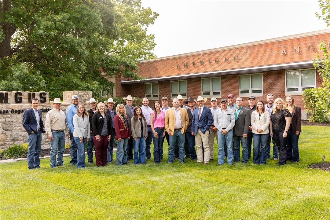 The 2025 Beef Leaders Institute Class gathers outside of the American Angus Association’s headquarters in St. Joseph, Mo., during one of their educational stops. 