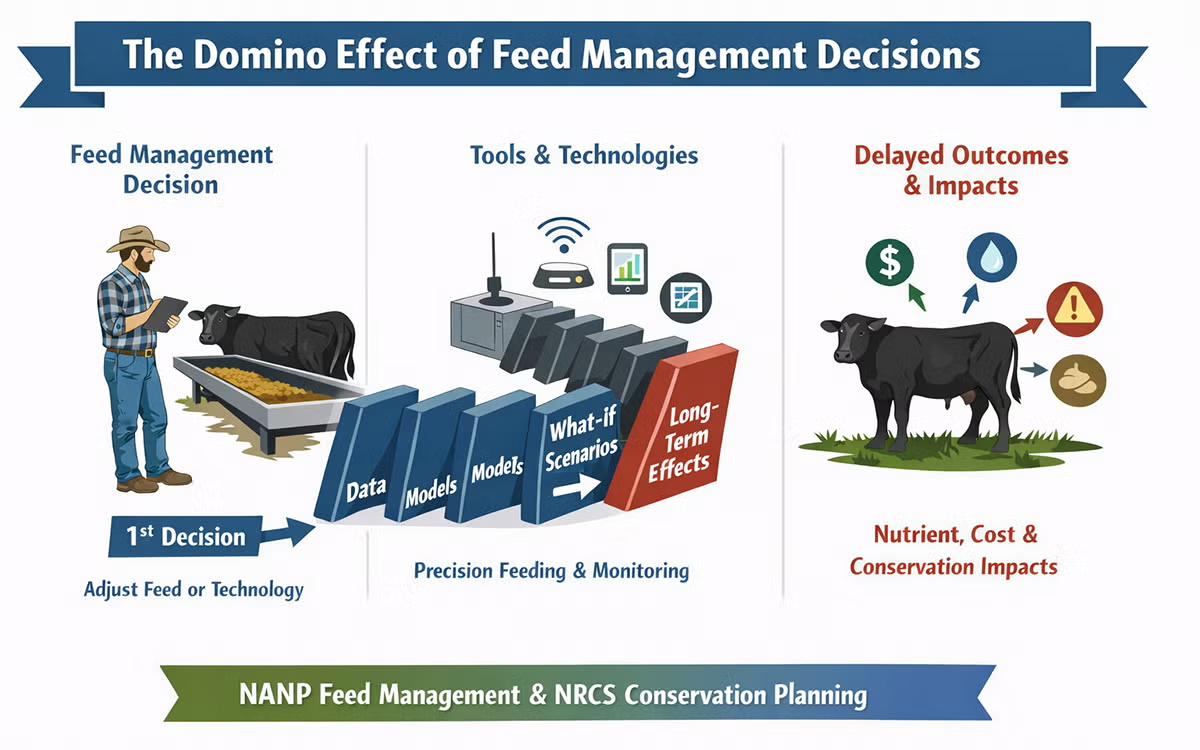 Figure 2. Beef feed management decisions create cascading effects. A single feeding decision influences data use, nutrition models, and management tools, with impacts on performance, costs, and conservation over time. (Courtesy: Dr. Luis O. Tedeschi)