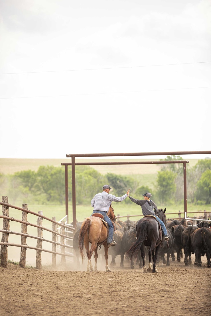 A man and a boy high five while riding horses