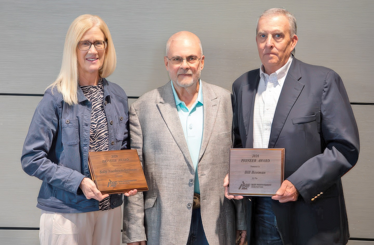 Bill Bowman and Sally Northcutt-Bowman pose with their respective BIF Pioneer Awards in Boise, Idaho, in June. 