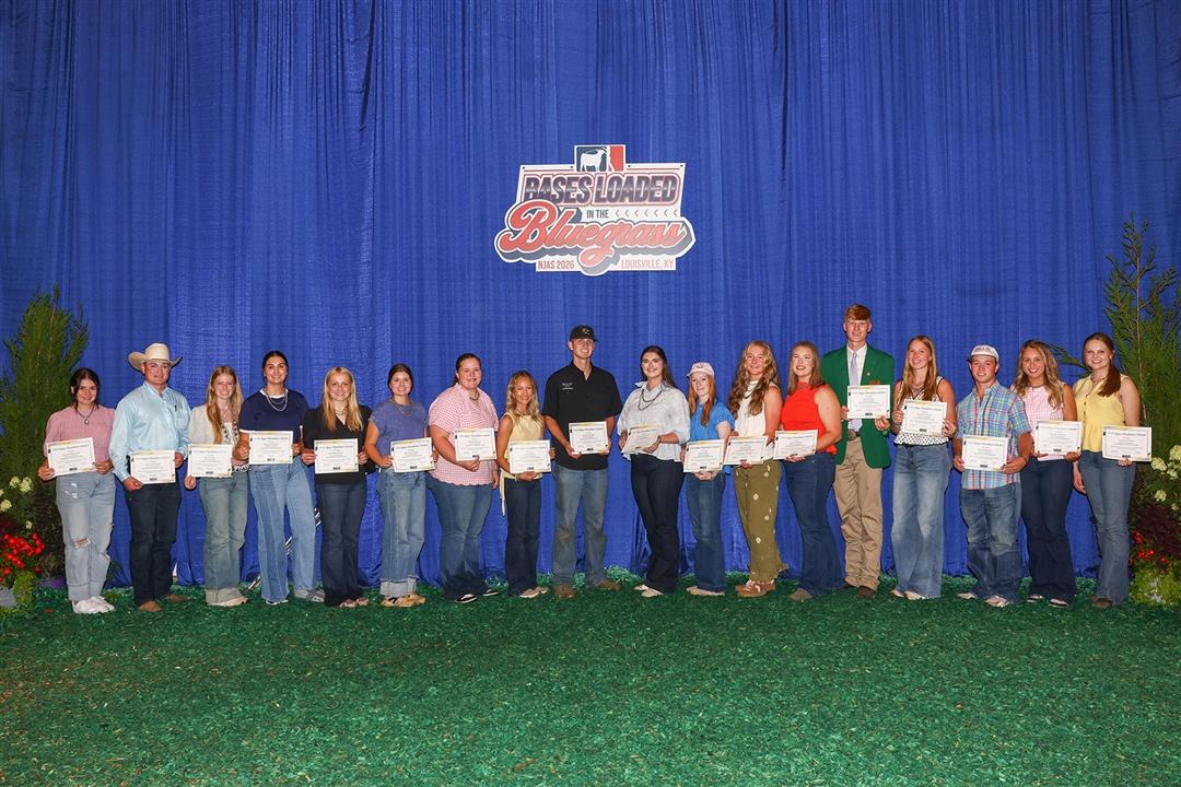 These junior members received the Angus/Talon Youth Educational Learning Program Undergraduate Scholarship at the 2026 National Junior Angus Show, July 11- 18 in Louisville, Kentucky. Pictured from left are Peyton Alexander of Nemo, Texas; Dalton Birdwell of Bryson, Texas; Ella Coulter of Wentzville, Missouri; Maggie Davis of Bidwell, Ohio; Brooklyn Davis of Winchester, Virginia; Ella Ethington of Avon, Illinois; Molly Hansen, Carrington, North Dakota;  Lilly Jefferies, Canmer, Kentucky; Sam Jordan, Savannah, Missouri; Rosalind Kidwell of Gentryville, Indiana; Kaylyn Kiser of Proctor, Texas; Matya Kraft of Fort Collins, Colorado; Claire Murnin of Pompeys Pillar, Montana; Lyle Perrier of  Eureka, Kansas; Hannah Perrier of Eureka, Kansas; Will Phillipello of Bryan Texas; Sydney Sanders of Leesburg, Ohio; and Lauren Wolter of Aviston, Illinois. 