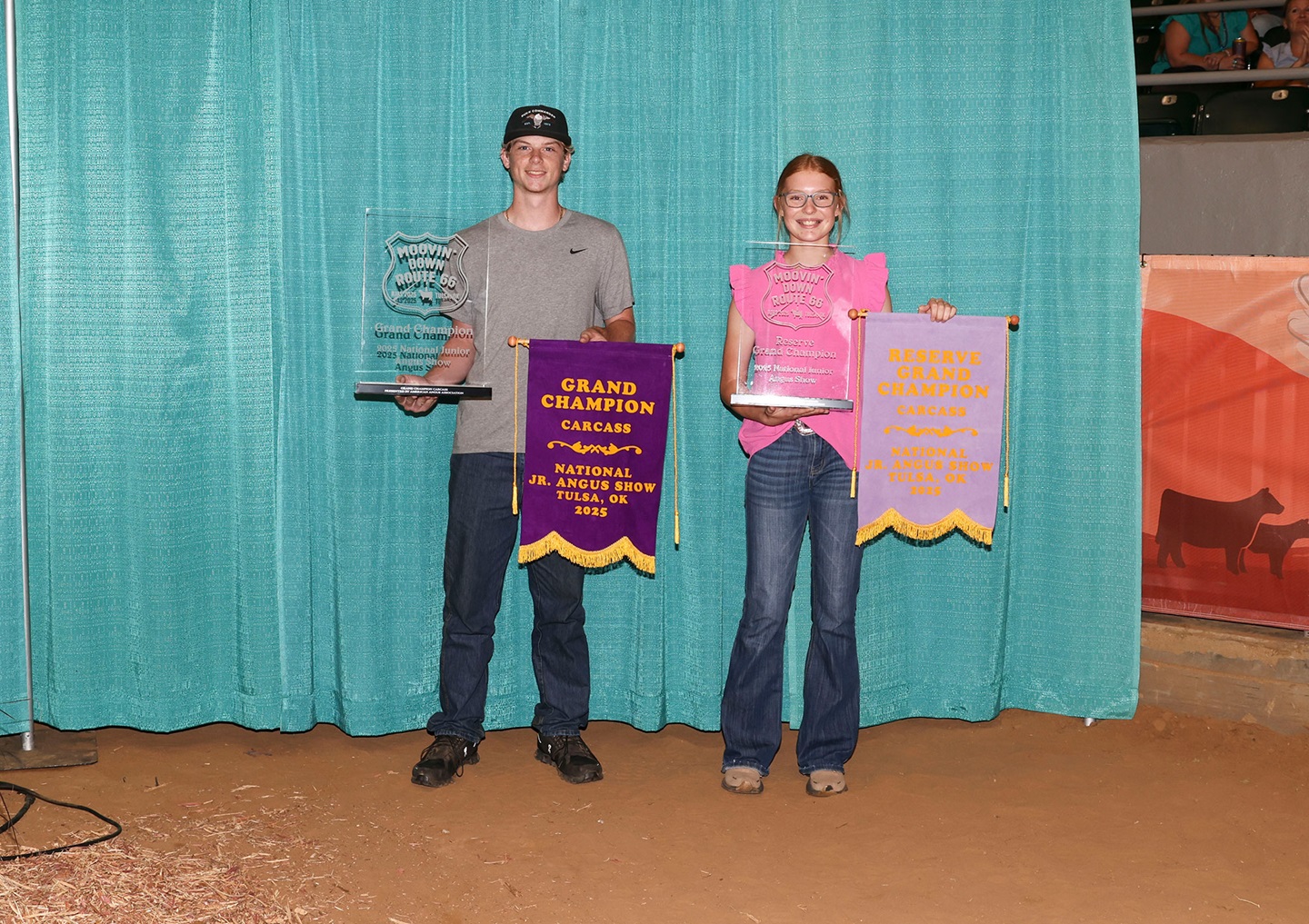 Owen Austrino of Dade City, Fla., won Grand Champion Carcass and Kirwin Russell of Paxico, Kan., won Reserve Grand Champion Carcass at the 2025 National Junior Angus Show in Tulsa, Okla.