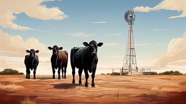 AI illustration depicting three skinny black cows on pasture affected by drought