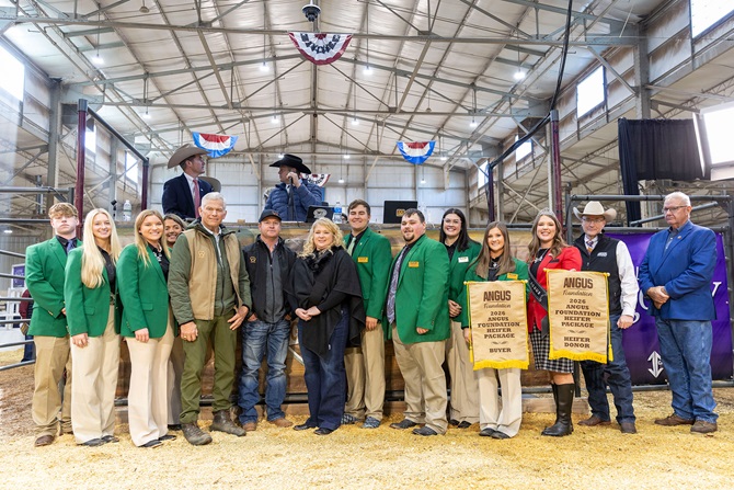 Members of the American Angus Association and the NJAA Junior Board stand with the donors of Wilks Rita - the 2026 Angus Foundation Heifer Package donation.