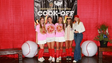 Members of the Missouri Senior Steak team pose in front of the backdrop during the All-American Certified Angus Beef® Cook-Off held in Louisville, Kentucky. (Left to right: Ella Coulter, Melaina Thiltgen, Clara Wallace, Addison Ward, and Faith Williams)