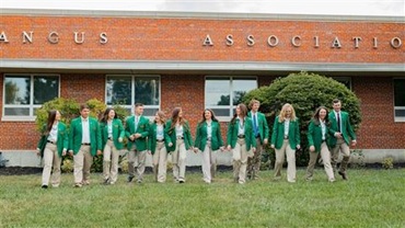 National Junior Angus Association board members walking in front of Angus Association headquarters in Saint Joseph, Missouri.