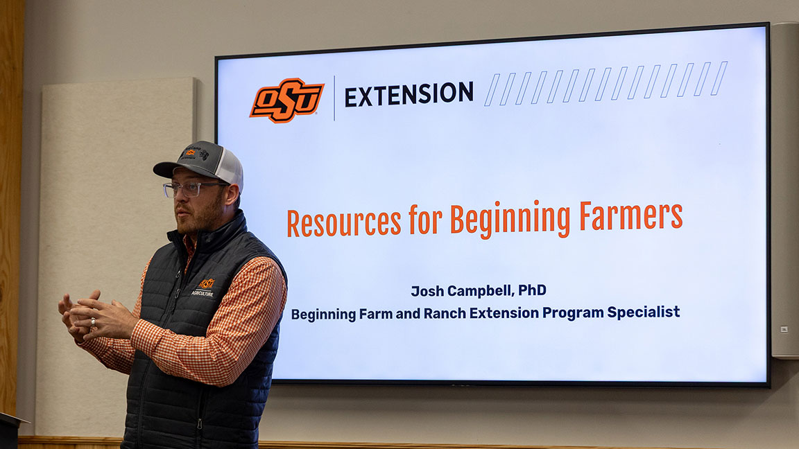 Josh Campbell shares details about OSU’s program to help those new to farming and ranching get a leg up. [Photo by Sara Moore, OSU Agriculture.] 