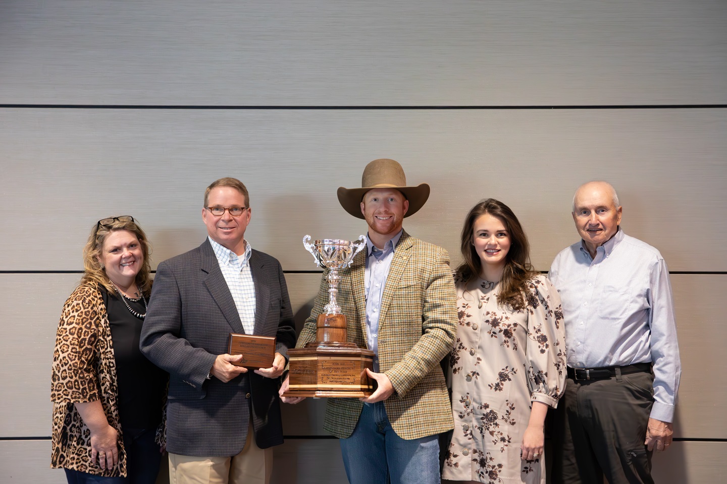 Autauga Farming Co., Autaugaville, Ala., was named the 2026 BIF Commercial Producer of the Year. Pictured are (from left) Angie Denton, Drovers, award sponsor; Andy, Dan and Susan Wendland, recipients; and Ken Odde, BIF vice president.