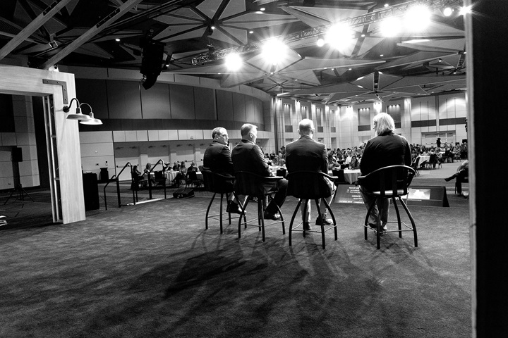 Speakers on stage at a candidate forum at the 2024 Angus Convention.