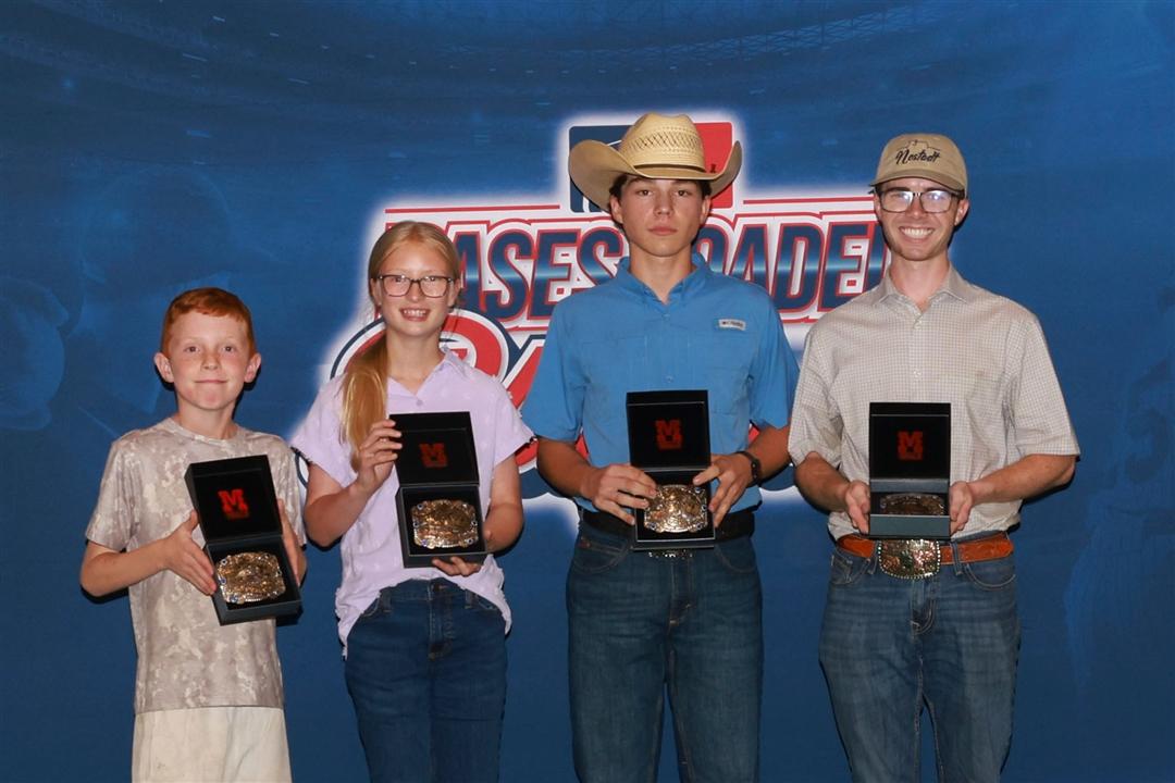From left, Drew McCurry, Hutchinson, Kan.; Charlotte Johnson, Shawano, Wis.; Lane Toledo, Visalia, Calif.; and Jackson Corner, Caledonia, ON, Canada, were named winners of the Stockman Contest for their respective age divisions at the 2026 National Junior Angus Show in Louisville, Kentucky.