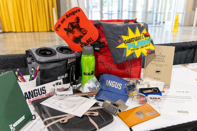 This gift-basket filled with Angus enthusiast items was auctioned off at the Angus Foundation Silent Auction at the 2025 NJAS event. The basket featured Angus branded items such as stickers, a water bottle, notepads, an Angus hat, Angus history books, an Angus travel bag, and more.