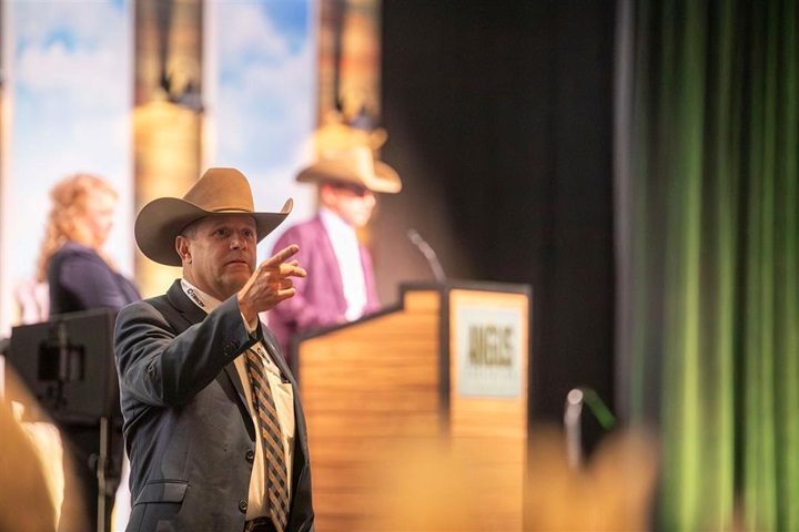 An auctioneer takes a bid during the Angus Foundation raffle during the awards dinner at the American Angus Association Annual Convention.