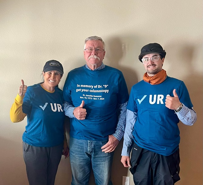 David, Jeanene and Dawson Dal Porto of Anselmo, NE, wear their "Check your colon" t-shirts. David is a past President of the American Angus Association Board of Directors and Dawson was on the junior board. 