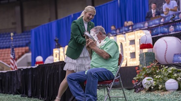 Laughter filled the arena as Gary Dameron received a pie to the face after winning the National Junior Angus Association's Penny Wars fundraiser during the National Junior Angus Show in Louisville, Kentucky. Throughout the week, juniors raised more than $11,000 for the Colon Cancer Foundation.
