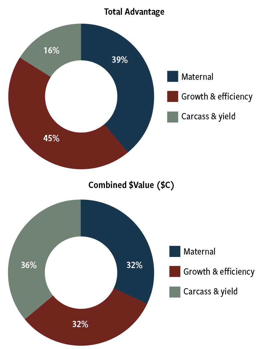 Fig. 1: Relative contributions of trait groupings to Combined Value ($C) and Total Advantage index scores