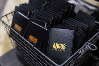 A large amount of Angus black books in a basket.