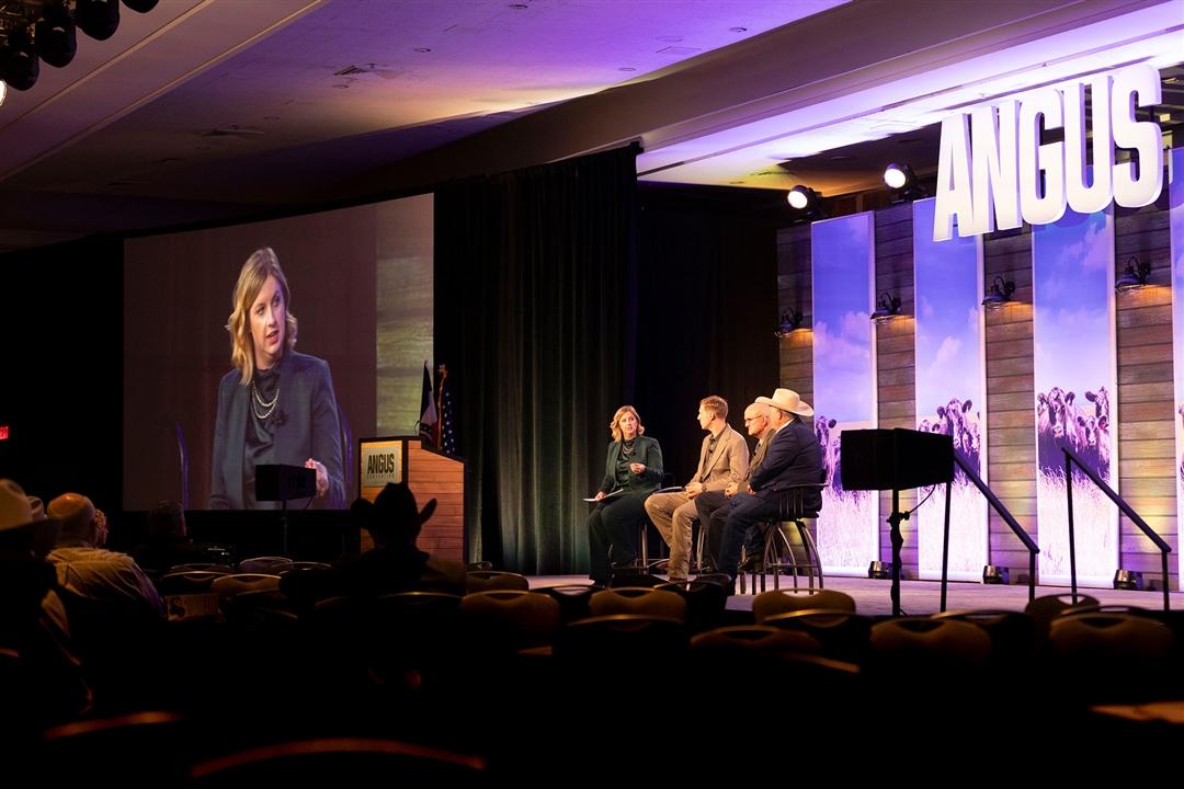 AGI® President Kelli Retallick-Riley leads a panel discussion during the annual Genetic Symposium sponsored by Neogen at the 2025 Angus Convention in Kansas City, Missouri.