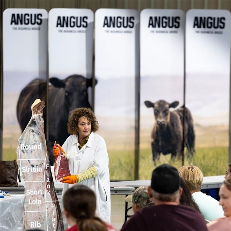 Oklahoma State University Professor of Animal and Food Science Gretchen Mafi teaches National Junior Angus Association members about meat quality during the 2025 National Junior Angus Show in Tulsa, Okla