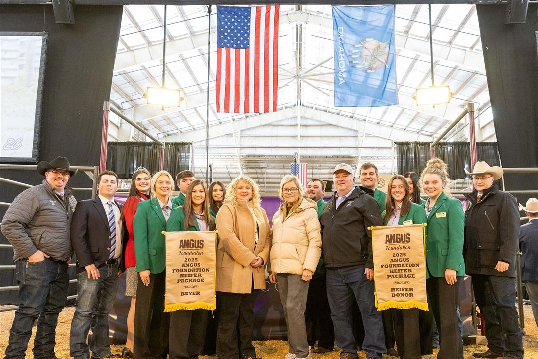  The 2025 Angus Foundation Heifer Package, donated by Pollard Farms of Waukomis, Oklahoma, was purchased by Lylester Ranch of Martell, Nebraska, for $75,000 on January 10 at Cattlemen’s Congress in Oklahoma City.
