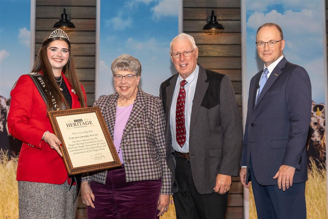 Tom and Carolyn Perrier, Eureka, Kansas, were inducted into the Angus Heritage Foundation at the 2025 Angus Convention on Nov. 1.    Pictured from left are Rosalind Kidwell, 2025 Miss American Angus; Carolyn and Tom Perrier; and Mark McCully, American Angus Association CEO.  