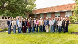 The 2025 Beef Leaders Institute Class gathers outside of the American Angus Association’s headquarters in St. Joseph, Mo., during one of their educational stops. 