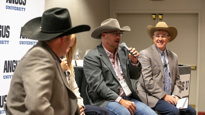 Brandon and Emily Richard, Spencer Smith, and Troy Marshall participated in a panel discussion during the Commercial Pathways Angus University session at the 2025 Angus Convention.