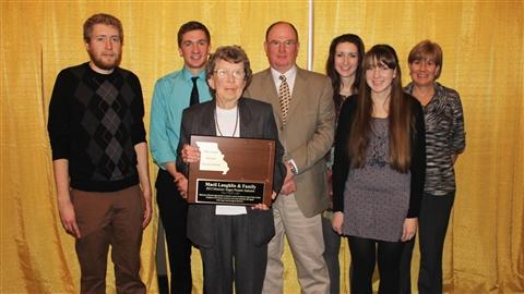 Macil Laughlin and family, Guilford, received the Pioneer Breeder award. This award is given to breeders who have shown dedication and support for the Angus breed throughout their lives. Pictured from left are  Kellan, Tristan, Macil, Don, Kendyl, Gentry and Ellene Laughlin