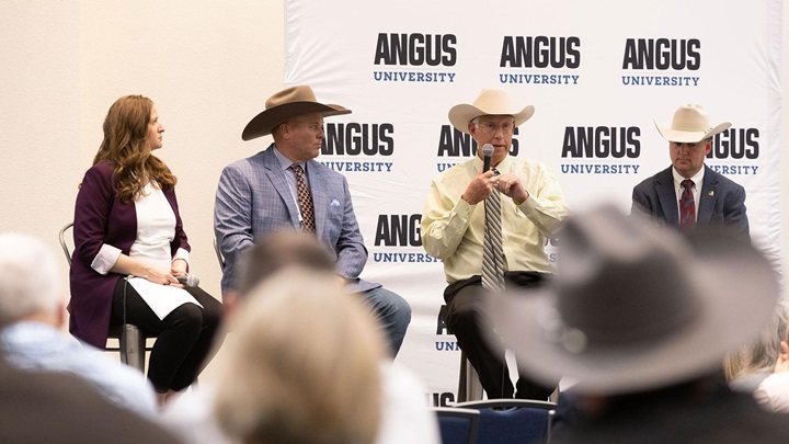 Oklahoma cattleman Jimmy Taylor talks about balancing maternal and terminal traits in his herd using genomic tools and other management strategies. Pictured from left to right are Esther Tarpoff of the American Angus Association®, Colorado cattleman Ryan Noble, Taylor, and Radale Tiner of the Association.