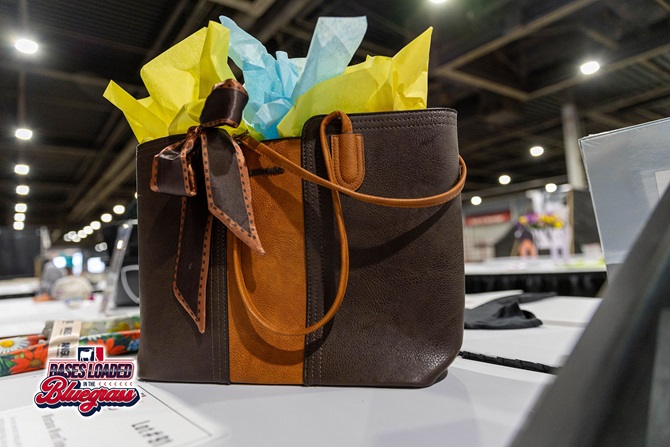 Two-tone leather tote bag with decorative tissue paper displayed as a silent auction item.