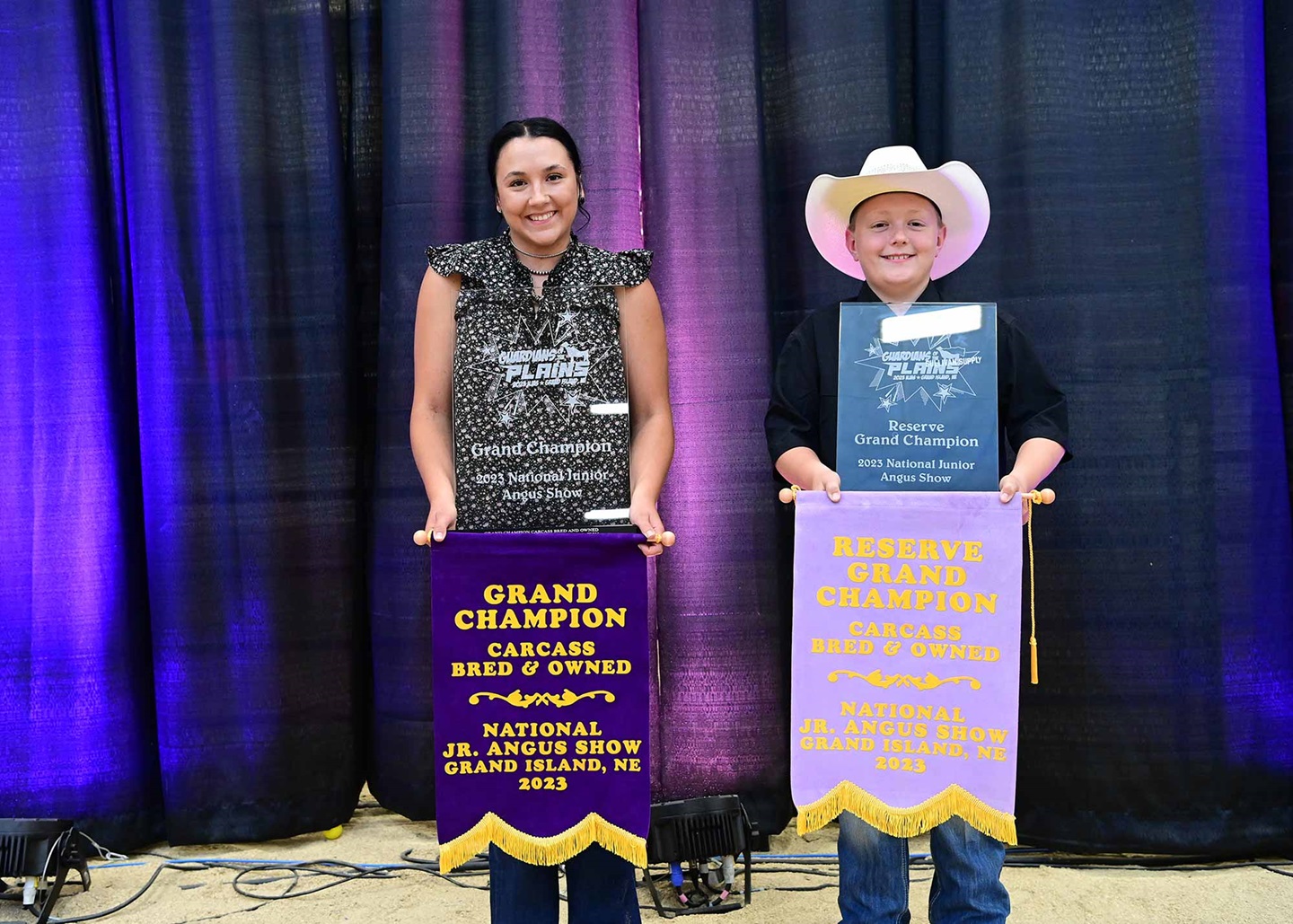 Alexis Vandeberghe was awarded champion bred and owned carcass steer and Kye Lehenbauer was awarded reserve bred and owned carcass steer at the 2023 National Junior Angus Show in Grand Island, Neb. Pictured from left are Alexis Vandeberghe, Cleveland, N.D. and Kye Lehenbauer, Palmyra, Mo.