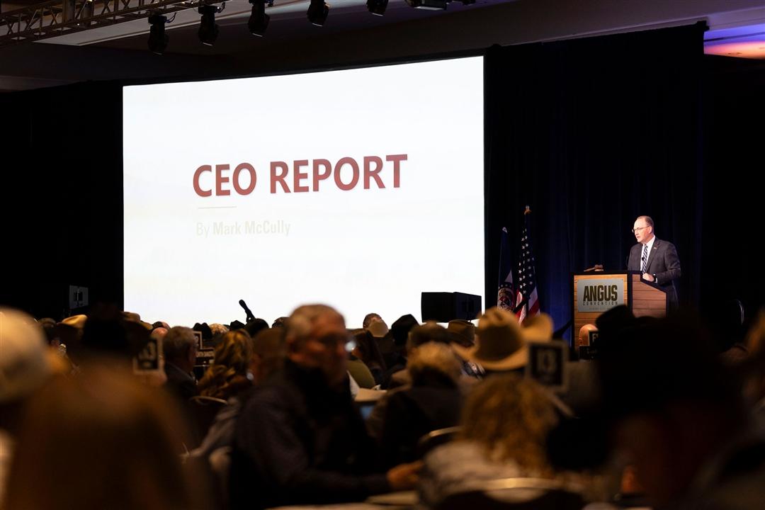 2025 Angus Convention attendees listen to the American Angus Association® CEO Report given by Mark McCully during the 142nd Convention of Delegates in Kansas City on Sunday, Nov. 2.