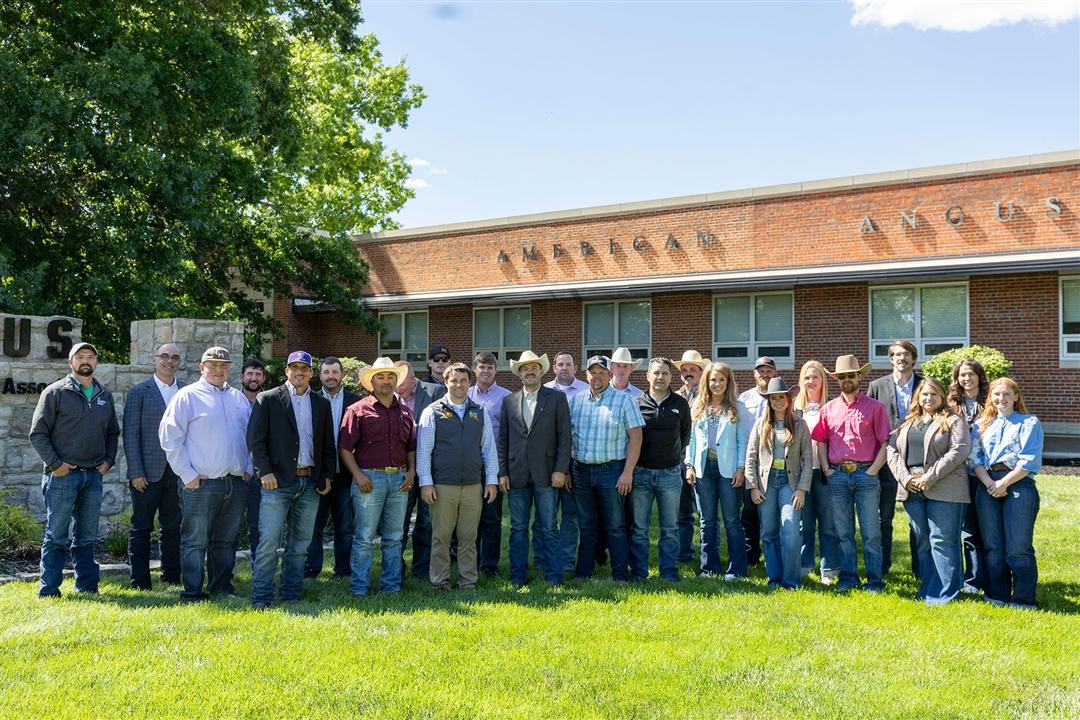 The 2026 Beef Leaders Institute Class gathers outside of the American Angus Association’s headquarters in St. Joseph, Missouri, during one of their educational stops.  