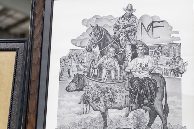 A framed charcoal drawing featuring elements of stock show preparation and exhibition was sold in the Angus Foundation Silent Auction at the 2025 NJAS event.