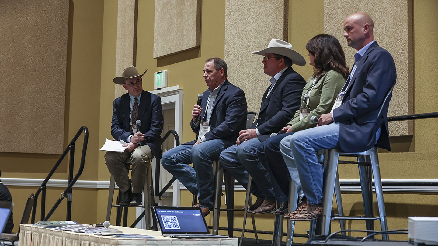 From left, moderator Troy Marshall and panelists Doug Stanton, Tracy Woods, Lydia Yon and Travis Mitchell shared how commercial cattlemen can capture calf value and how seedstock producers can help.