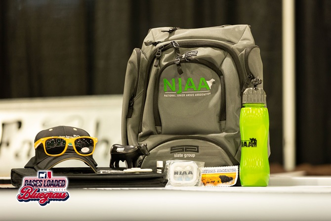 NJAA-themed backpack, water bottle, sunglasses, cap, and promotional items displayed as a silent auction package.