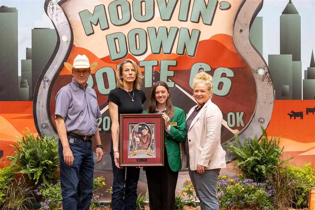 Jarold and Jennifer Callahan of Yukon, Oklahoma, were recognized as 2025 Honorary Angus Foundation Inductees at the 2025 National Junior Angus Show in Tulsa,Olka. Pictured from left are Mark McCully, American Angus Association chief executive officer; Jennifer Callahan, Honorary Angus Foundation Inductee; Alli Perry NJAA Foundation director; and Jaclyn Boester, Angus Foundation executive director. 