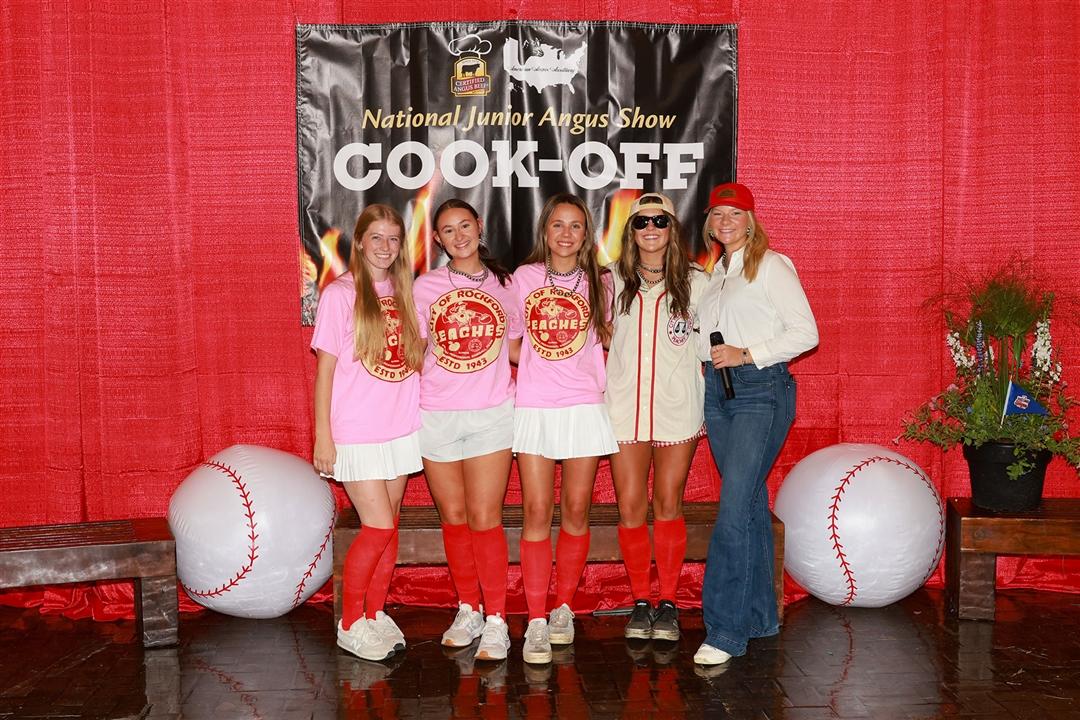 Members of the Missouri Senior Steak team pose in front of the backdrop during the All-American Certified Angus Beef® Cook-Off held in Louisville, Kentucky. (Left to right: Ella Coulter, Melaina Thiltgen, Clara Wallace, Addison Ward, and Faith Williams)