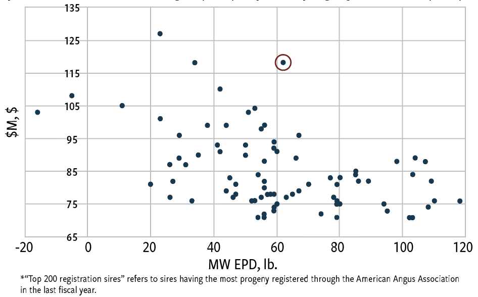Fig. 2: Top 200 registration sires: top 25% maternal weaned calf value ($M) performers vs. mature weight (MW) expected progeny difference (EPD)