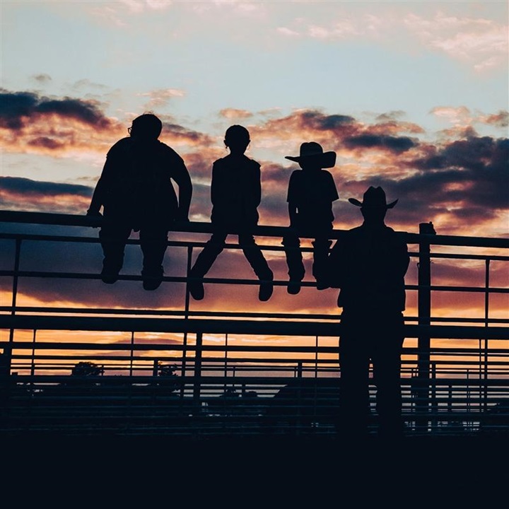 A family of cowboys sitting on a gate looking at the sunset.