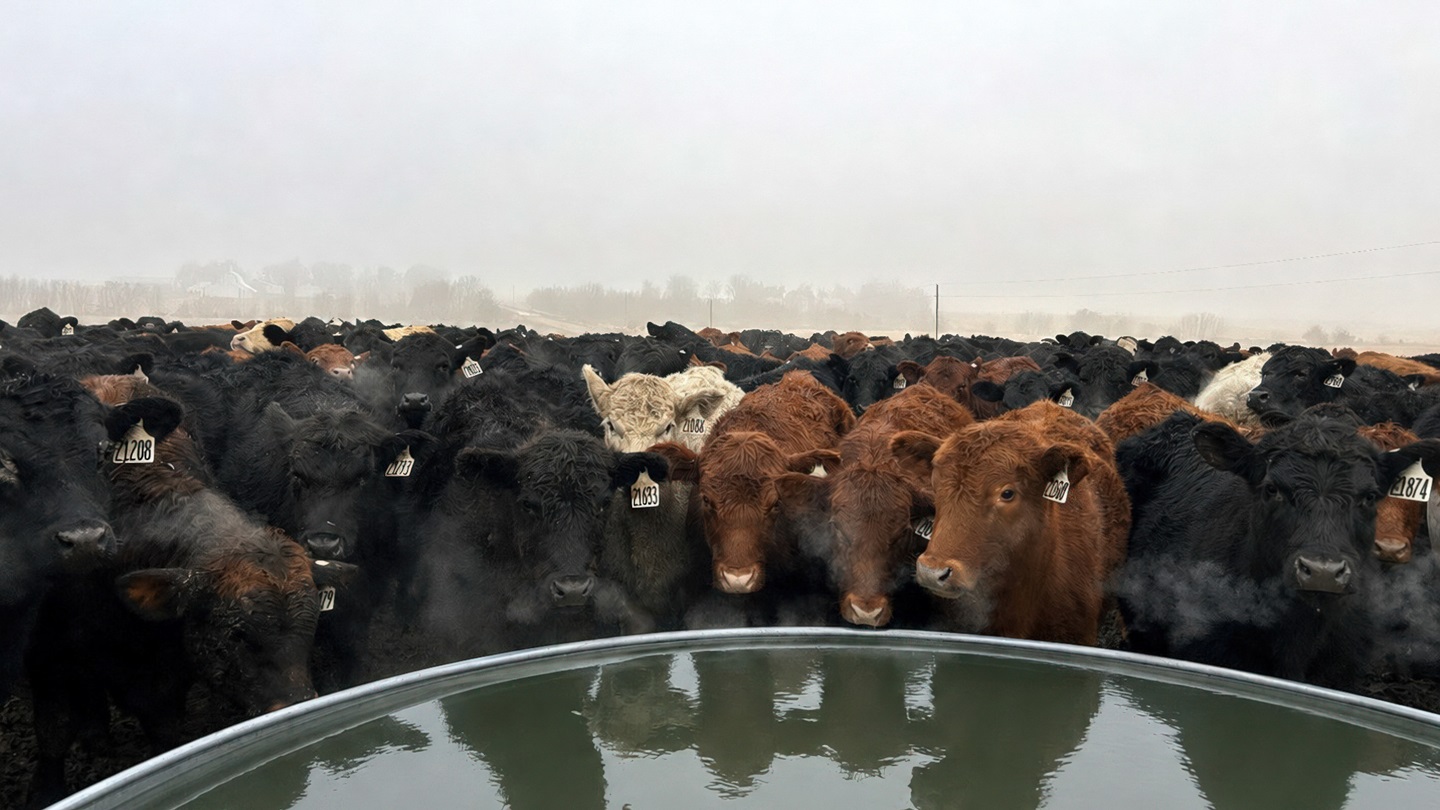 Calves around water tank