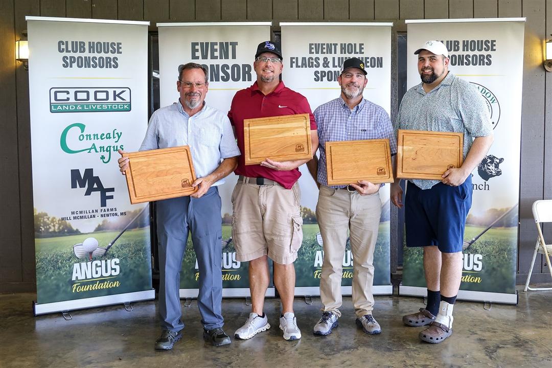 Flight B team winners of the annual Angus Foundation Golf Tournament at Quail Chase Golf Club in Louisville, KY., include: (pictured from left to right) Brad Worthington 	  of Waterford, CA.; Rooter Gray of Buffalo, KY.; Brian Flood of Oakdale, CA; and Kyle Bush of Cynthiana, KY. 