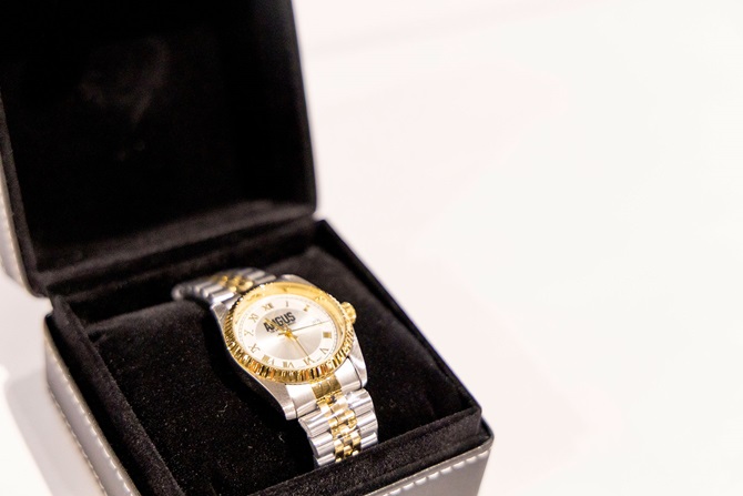 A custom Angus set watch with gold and silver chain details was auctioned off at the Angus Foundation Silent Auction at the 2025 NJAS event.