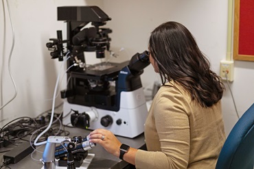 Maci Mueller looks into a microscope.